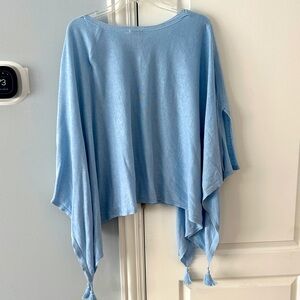 Light Blue Poncho with Tassels—linen/cotton/modal blend